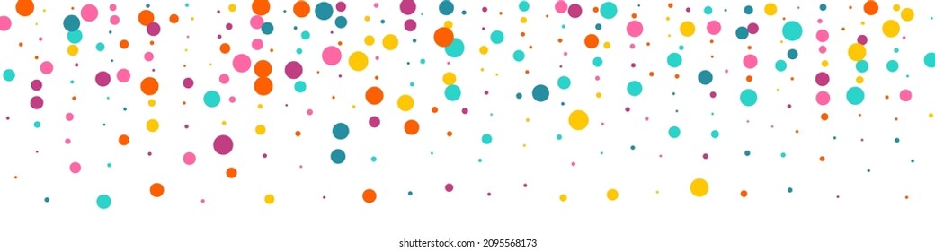 Multicolored Confetti Invitation Vector Panoramic White Background. Top Dot Wallpaper. Transparent Rain Banner. Rainbow Polka Independence Design.