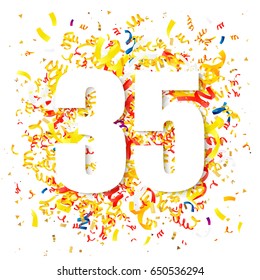 Multicolored confetti and a large white digit 35. Vector illustration. The concept of the design of a holiday greeting card. Place for the text. Anniversary