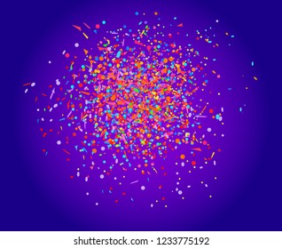 Multicolored confetti on isolated background. Bright explosion. Colored firework. Geometric texture with colorful glitters. Image for banners, posters and flyers. Greeting cards