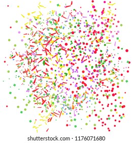 Multicolored confetti on isolated white. Geometric background with glitters. Pattern for design. Print for flayers, posters, banners and textiles. Greeting cards. Luxury texture