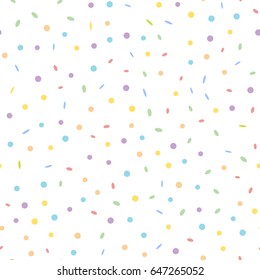 Multicolored confetti on white background, seamless pattern. Vector illustration, flat.