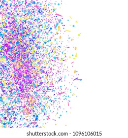 Multicolored confetti on white. Geometrical background with glitters. Pattern for design. Template for flyers, posters, banners and textiles. Greeting cards. Luxury texture