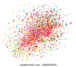Multicolored confetti on white. Pattern for design. Background with glitters. Print for polygraphy, posters, banners and textiles. Greeting cards. Explosion. Firework