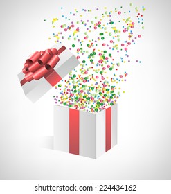 Multicolored confetti with open gift box on grayscale background