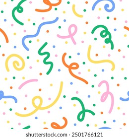 Multicolored confetti and ribbons seamless pattern. Funny party colorful doodle background.