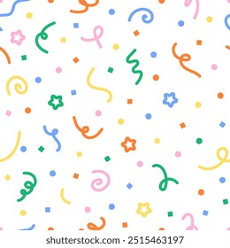 Multicolored confetti and ribbons seamless pattern. Funny party colorful doodle background.