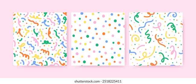 Mehrfarbige Konfetti und Bänder nahtlose Muster-Set. Lustige Party bunte doodle Hintergrund.