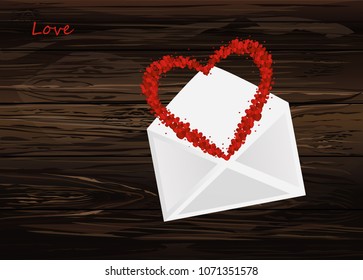 A multicolored confetti in the shape of a heart flies out of the envelope. A greeting card or an invitation to a holiday. St. Valentine's Day. Vector on wooden background.