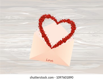 A multicolored confetti in the shape of a heart flies out of the envelope. A greeting card or an invitation to a holiday. St. Valentine's Day. Vector on wooden background.