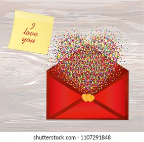 A multicolored confetti in the shape of a heart flies out of the envelope.Yellow sheet of paper for notes. Sticke with word i love you. A greeting card  to a holiday. St. Valentine's Day. Vector.