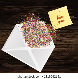 A multicolored confetti in the shape of a heart flies out of the envelope.Yellow sheet of paper for notes. Sticke with word i love you. A greeting card. St. Valentine's Day. Vector.

