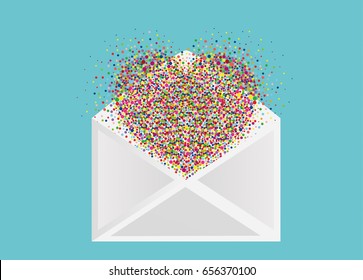 A multicolored confetti in the shape of a heart flies out of the envelope. A greeting card or an invitation to a holiday. St. Valentine's Day. Vector
