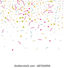 Multicolored confetti. Vector rainbow triangles on white background. Falling tinsel from minimalistic geometrical objects and ribbons. Flat glitter. Abstract festive decoration and ribbons.