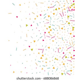 Multicolored confetti. Vector rainbow triangles on white background. Falling tinsel from minimalistic geometrical objects and ribbons. Flat glitter. Abstract festive decoration and ribbons.