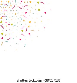 Multicolored confetti. Vector rainbow triangles on white background. Falling tinsel from minimalistic geometrical objects and ribbons. Flat glitter. Abstract festive decoration and ribbons.