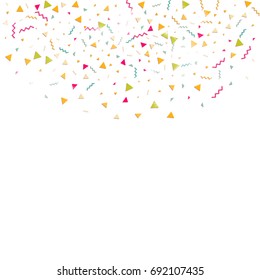 Multicolored confetti. Vector rainbow triangles on white background. Falling tinsel from minimalistic geometrical objects and ribbons. Flat glitter. Abstract festive decoration and ribbons.