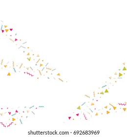 Multicolored confetti. Vector rainbow triangles on white background. Falling tinsel from minimalistic geometrical objects and ribbons. Flat glitter. Abstract festive decoration and ribbons.