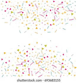 Multicolored confetti. Vector rainbow triangles on white background. Falling tinsel from minimalistic geometrical objects and ribbons. Flat glitter. Abstract festive decoration and ribbons.
