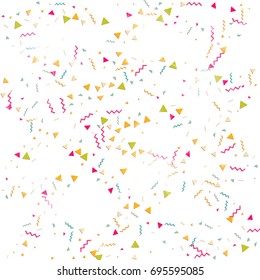 Multicolored confetti. Vector rainbow triangles on white background. Falling tinsel from minimalistic geometrical objects and ribbons. Flat glitter. Abstract festive decoration and ribbons.