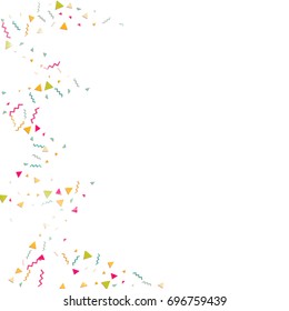 Multicolored confetti. Vector rainbow triangles on white background. Falling tinsel from minimalistic geometrical objects and ribbons. Flat glitter. Abstract festive decoration and ribbons.