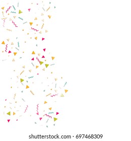 Multicolored confetti. Vector rainbow triangles on white background. Falling tinsel from minimalistic geometrical objects and ribbons. Flat glitter. Abstract festive decoration and ribbons.