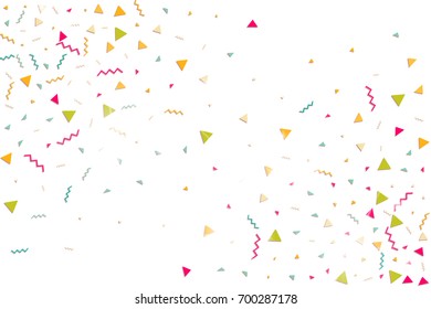 Multicolored confetti. Vector rainbow triangles on white background. Falling tinsel from minimalistic geometrical objects and ribbons. Flat glitter. Abstract festive decoration and ribbons.