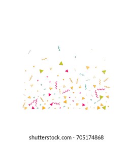 Multicolored confetti. Vector rainbow triangles on white background. Falling tinsel from minimalistic geometrical objects and ribbons. Flat glitter. Abstract festive decoration and ribbons.