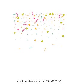 Multicolored confetti. Vector rainbow triangles on white background. Falling tinsel from minimalistic geometrical objects and ribbons. Flat glitter. Abstract festive decoration and ribbons.