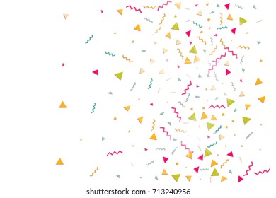 Multicolored confetti. Vector rainbow triangles on white background. Falling tinsel from minimalistic geometrical objects and ribbons. Flat glitter. Abstract festive decoration and ribbons.