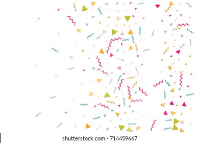 Multicolored confetti. Vector rainbow triangles on white background. Falling tinsel from minimalistic geometrical objects and ribbons. Flat glitter. Abstract festive decoration and ribbons.
