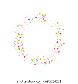 Multicolored confetti wreath. Vector rainbow triangles on white background. Falling tinsel from minimalistic geometrical objects and ribbons. Flat glitter. Abstract festive decoration and ribbons.