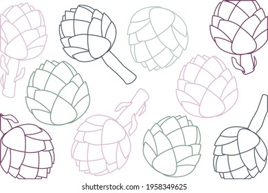 multicolored contour artichoke background. Fresh organic food. Vegetables pattern