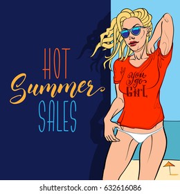 multicolored contour drawing of a long-blond-haired beautiful girl in a red T-shirt and sunglasses, on the beach background with the motivational phrase 'hot summer sales'
