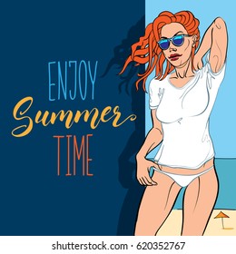 multicolored contour drawing of a long-red-haired beautiful girl in a T-shirt and sunglasses, on the beach background with the motivational phrase 'enjoy summertime'