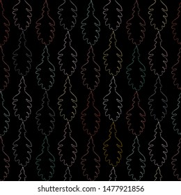 Multi-colored contour drawing of oak leaves on a black background. Autumn pattern. Seamless pattern. For decor fabric, paper, Wallpaper, packaging.