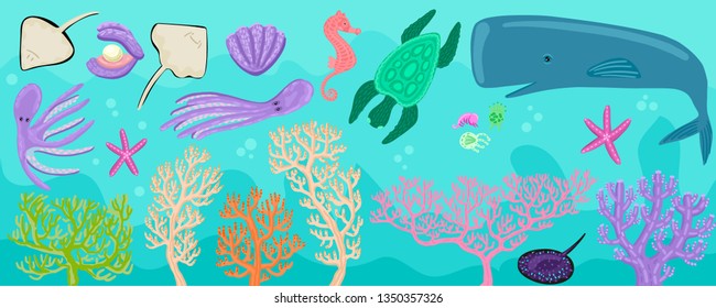 Multi-colored corals, decoration of the seabed. Whale and small sea animals. Octopus, stingrays, seahorse, sperm whale and others. Set of tropical swimming creatures.