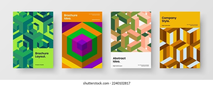 Multicolored corporate brochure A4 design vector concept bundle. Vivid geometric tiles annual report illustration set.