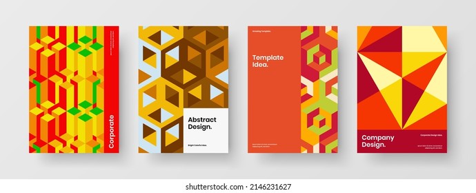 Multicolored corporate brochure design vector illustration composition. Creative geometric tiles booklet template collection.