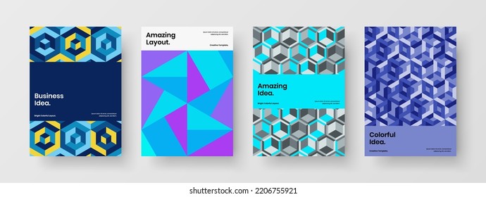 Multicolored corporate cover A4 design vector concept set. Creative mosaic shapes banner illustration bundle.