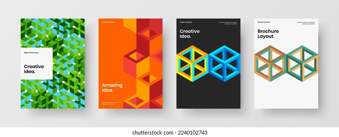 Multicolored corporate identity A4 vector design concept collection. Clean geometric tiles pamphlet illustration set.
