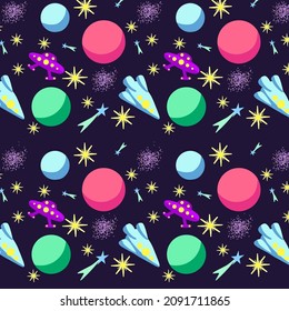 mehrfarbiges Kosmos-Muster für Kinder, Hintergrund, Verpackung mit Planeten, Kometen, Sternen, Raketen und ufo