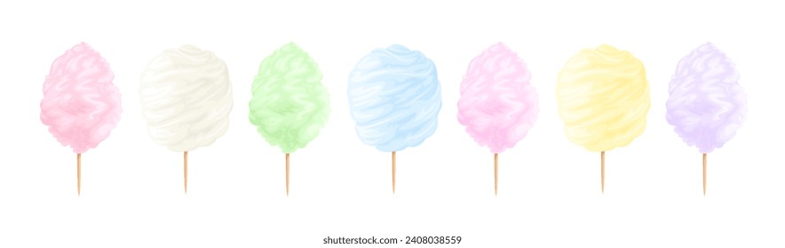 Multi-colored cotton candy set. Vector cartoon illustration of sweets.