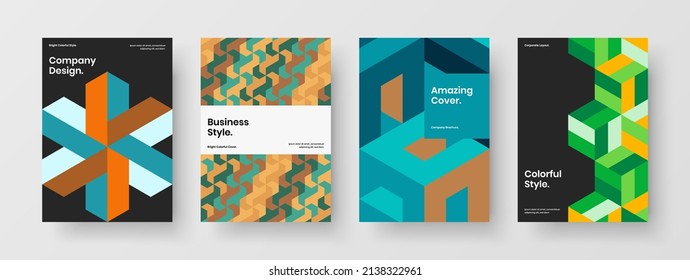 Multicolored cover A4 vector design illustration bundle. Fresh mosaic hexagons brochure concept set.