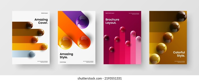 Multicolored cover A4 vector design concept bundle. Clean 3D spheres leaflet template composition.