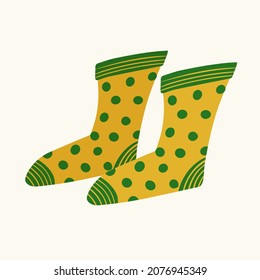 Multicolored cozy knitted socks of natural cotton. Vector flat stylized illustration.