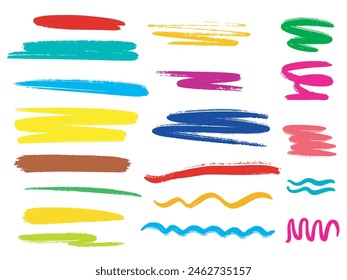 Multicolored crayon border set. Grunge through and underline elements. Various lines of different colors, widths and curvatures. Doodle elements vector graphics