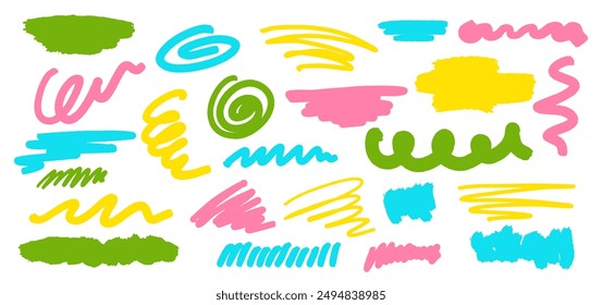 Multicolored crayon border set. Grunge through and underline elements. Highlight brush lines, shapes, elements. Big set of hand draw isolated vector objects on white background. 