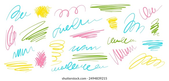 Multicolored crayon border set. Grunge through and underline elements. Highlight brush lines, shapes, elements. Big set of hand draw isolated vector objects on white background. 