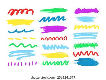 Multicolored crayon border set. Grunge through and underline elements. Highlight brush lines, shapes, elements. Big set of hand draw isolated vector objects on white background.