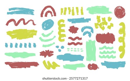 Multicolored crayon border set. Grunge through and underline elements. Highlight brush lines, shapes, elements. Big set of hand draw isolated vector objects on white background.